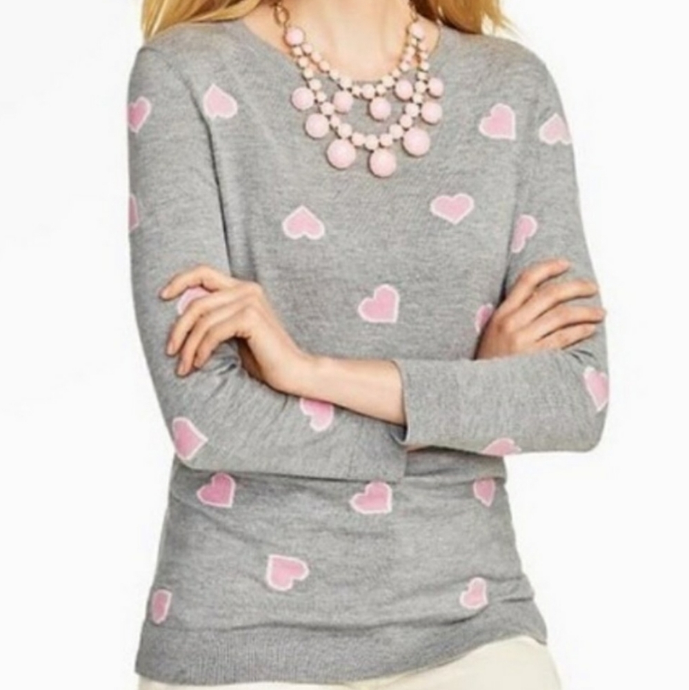 Talbots Gray & Pink Hearts 3/4 Sleeve Sweater in Size Small ❤ Valentine’s Day